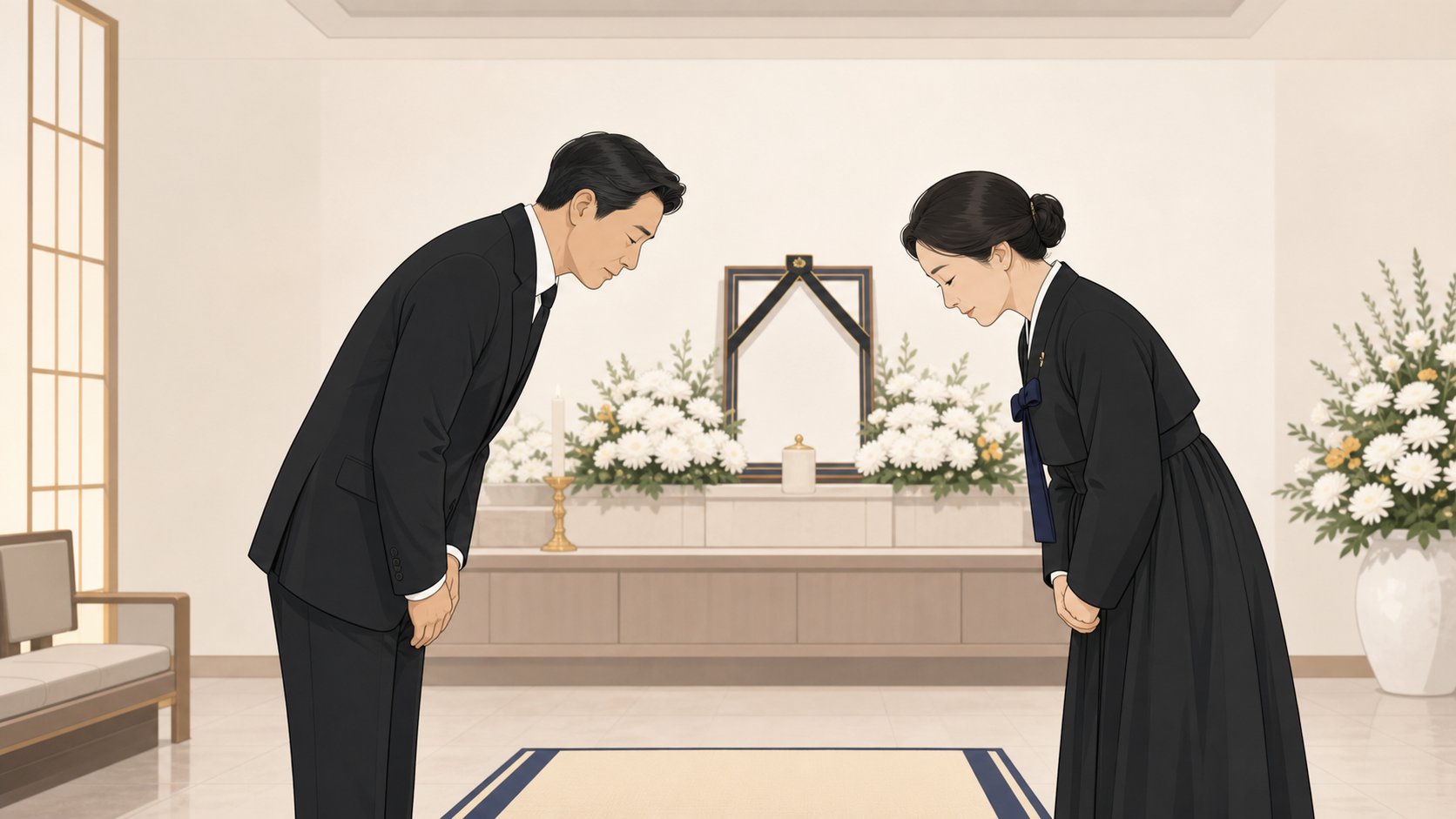 상주가 조문객과 맞절로 인사를 나누는 단정한 빈소 장면