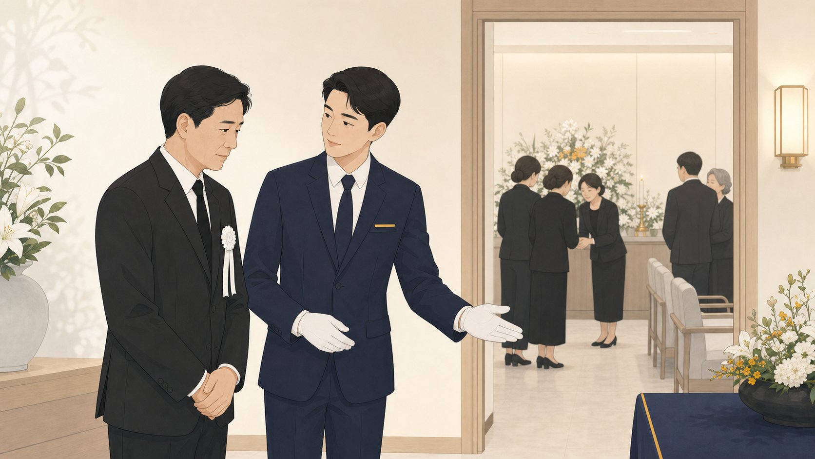 상주가 조문 응대 방법을 장례지도사에게 안내받는 차분한 장면