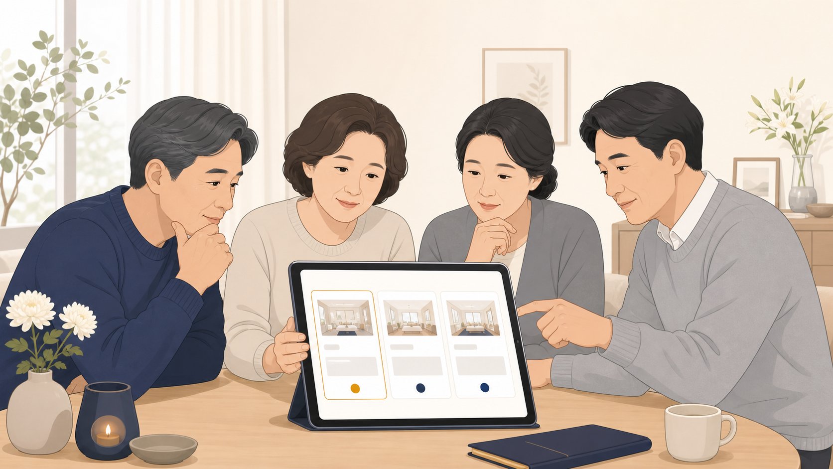 태블릿으로 충청도 장례식장 빈소 정보를 살펴보는 상주 가족
