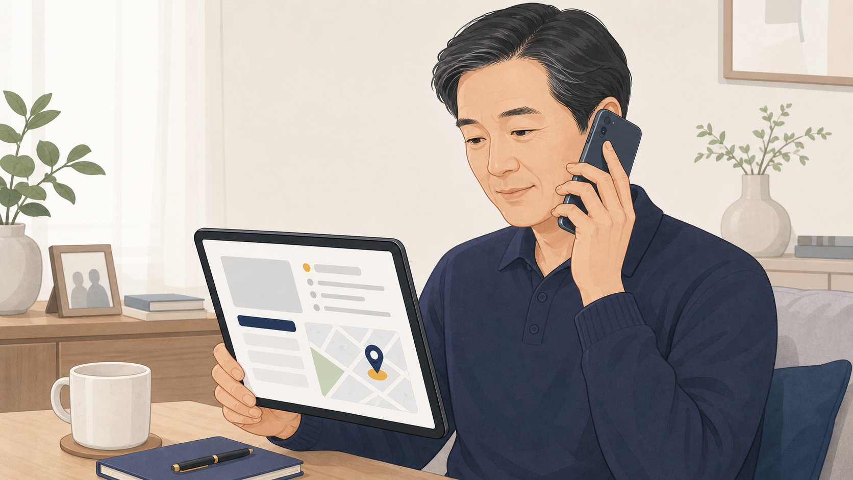 태블릿으로 충청도 장례식장 주소를 확인해 부고에 담는 가족