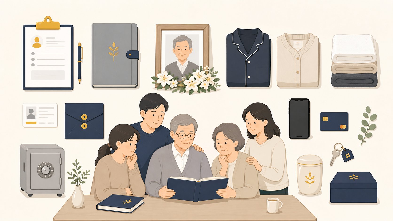 신분증 사진 상복 연락처 등 장례 준비물이 정리된 안내 화면