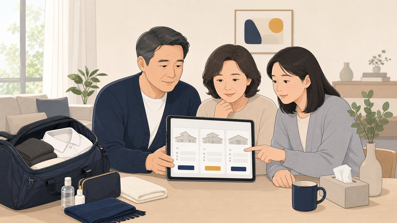태블릿으로 충청도 장례식장 정보를 확인하며 준비하는 가족