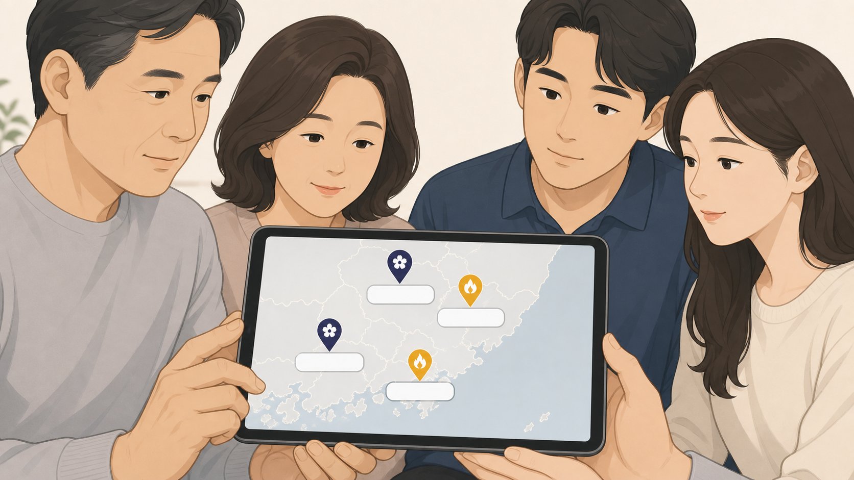 태블릿으로 충청도 장례식장과 화장장 위치를 확인하는 가족