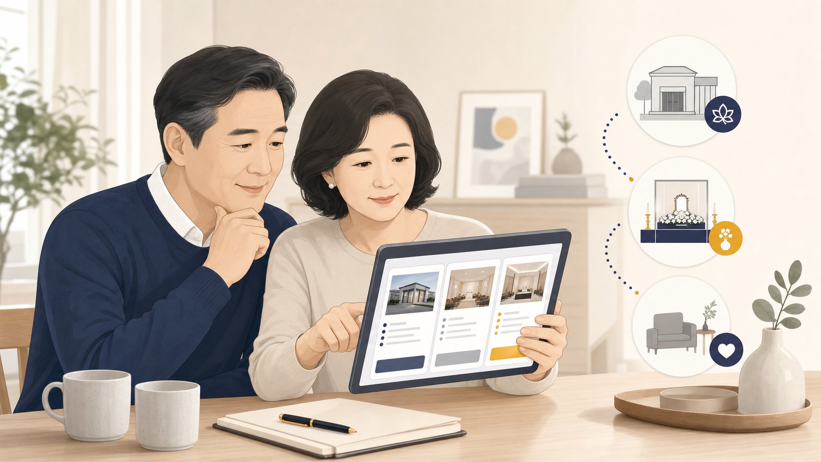 태블릿으로 충청도 장례식장 정보를 확인하며 상조를 알아보는 부부