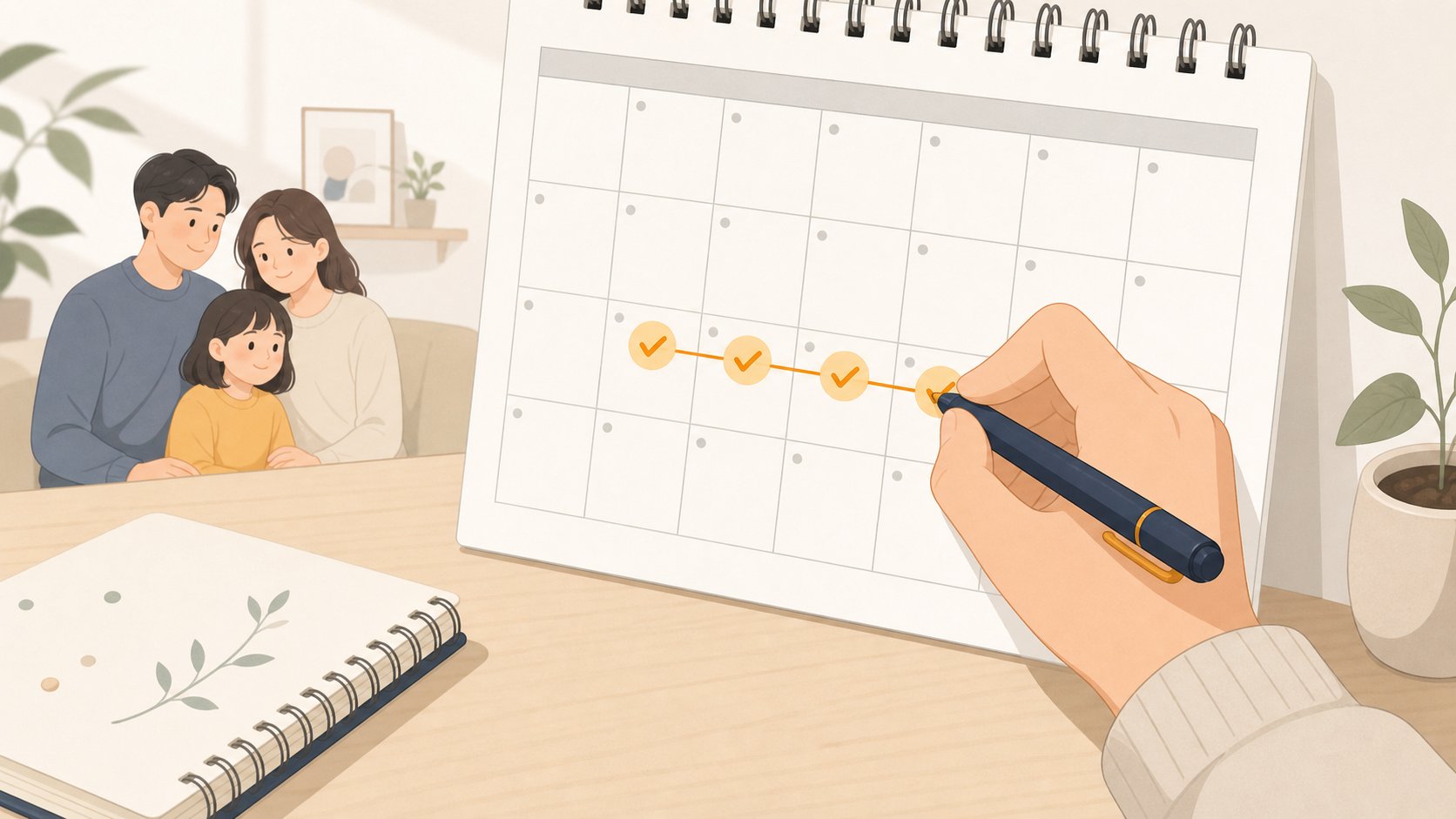 달력에 장례 일정과 휴가 기간을 표시하며 일정을 확인하는 손