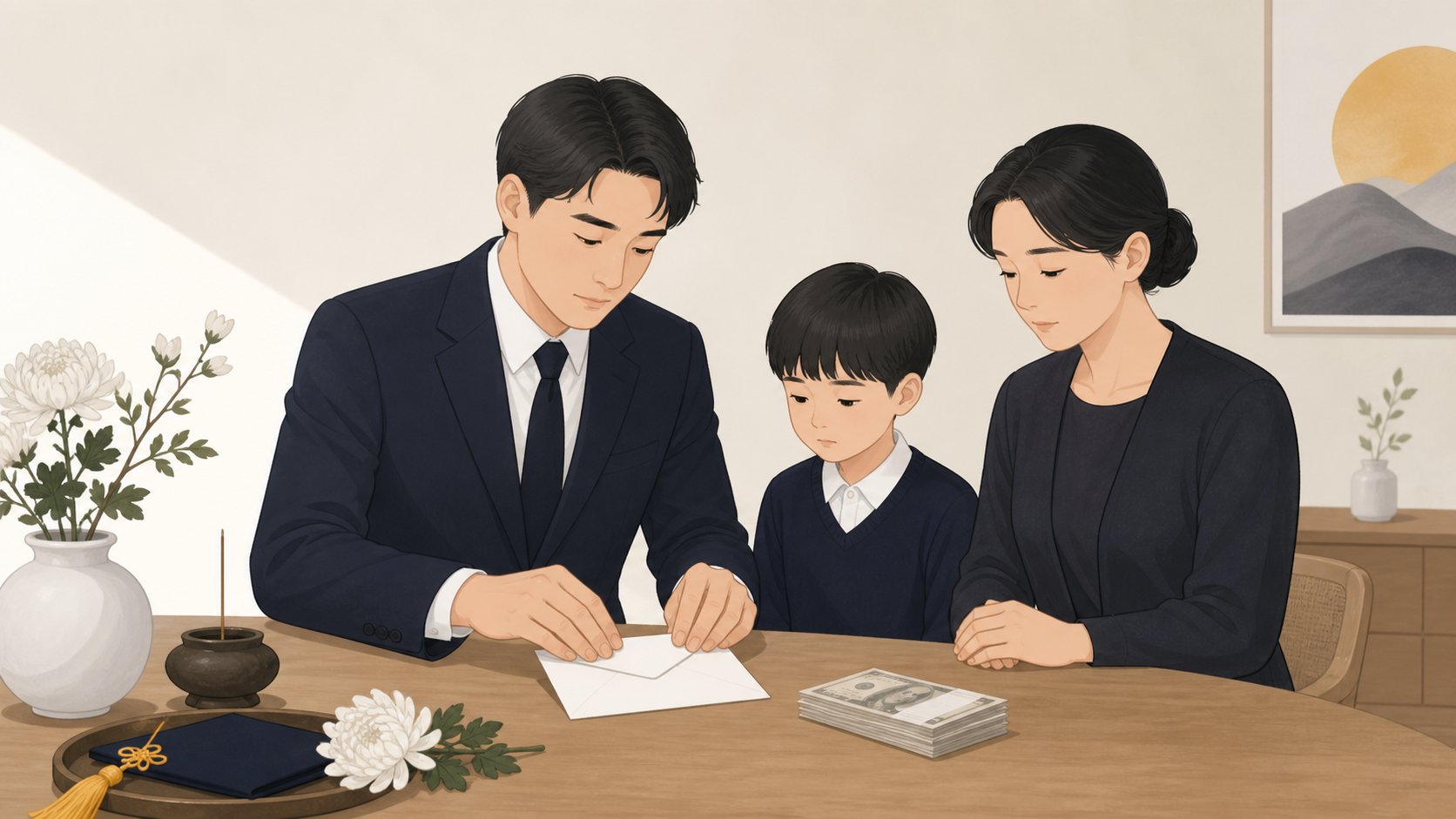 흰 봉투에 조의금을 단정하게 준비하는 장면
