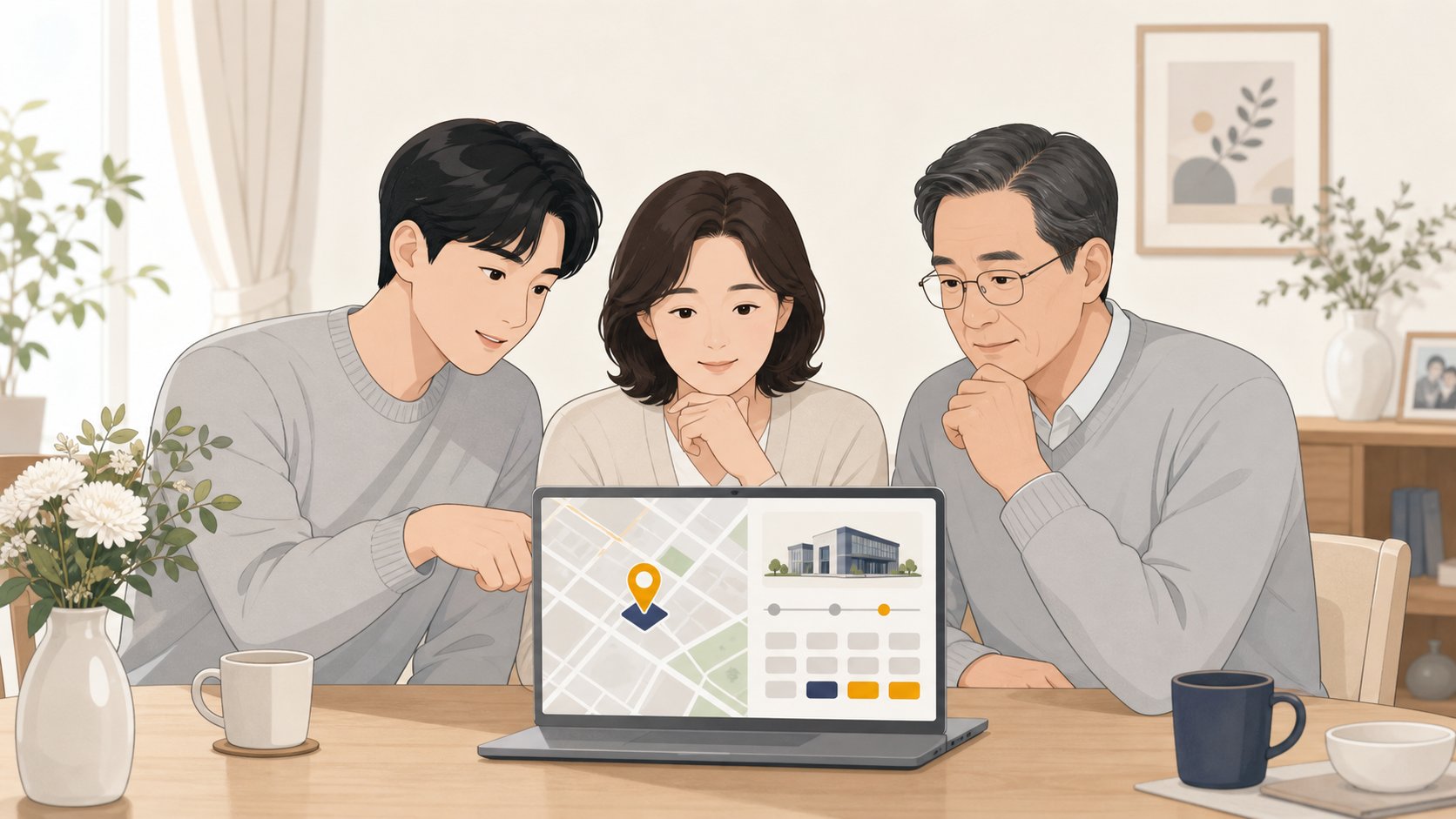 노트북으로 충청도 장례식장 위치와 일정을 함께 확인하는 가족
