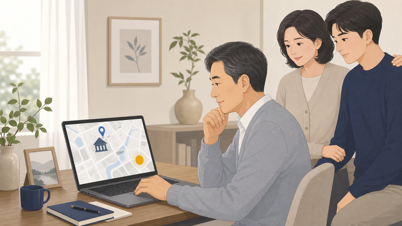 노트북으로 충청도 장례식장 위치를 확인하는 장면