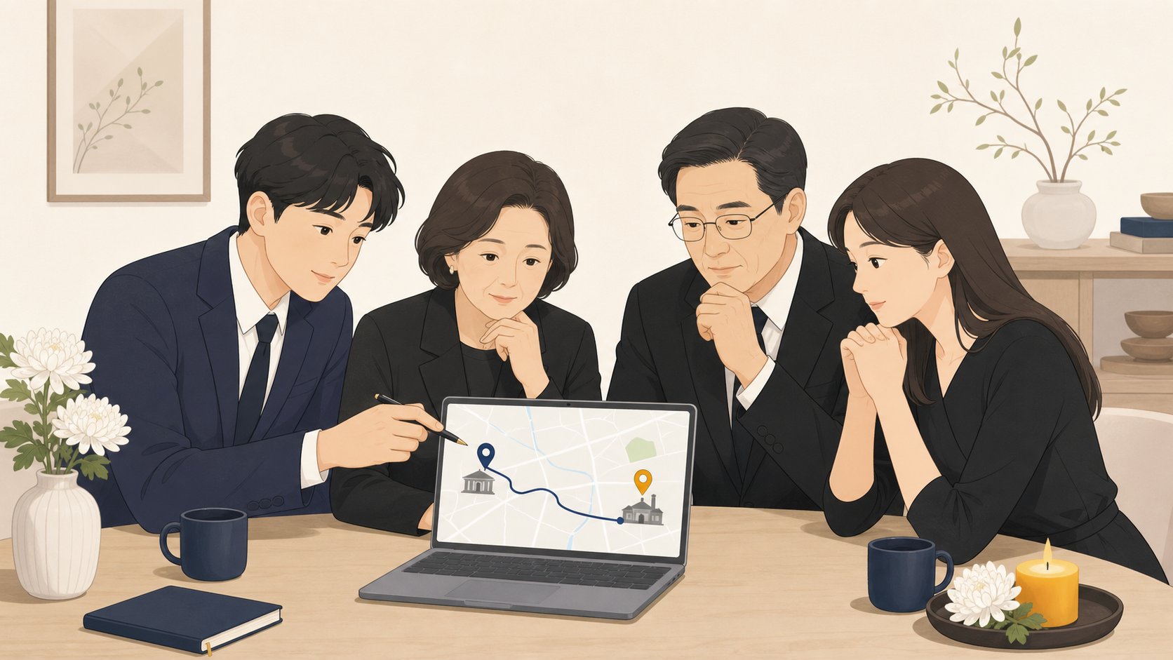 노트북 지도로 빈소에서 화장장까지 발인 이동 경로를 확인하는 가족
