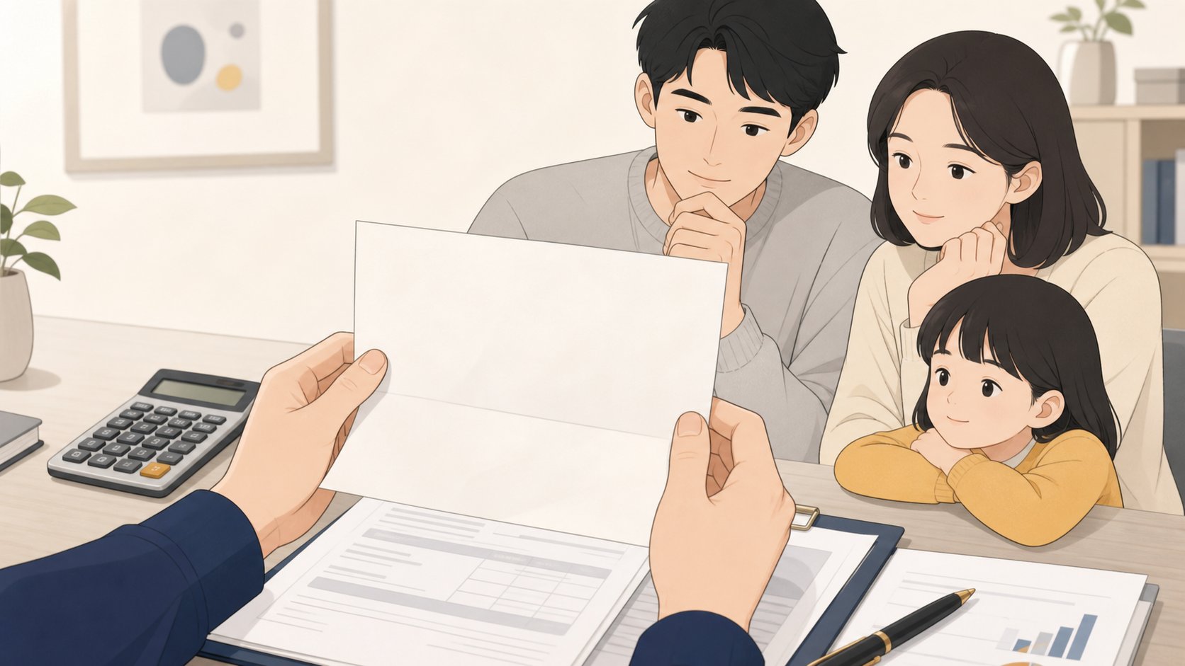 건강보험 관련 안내 서류를 책상에서 살펴보는 손