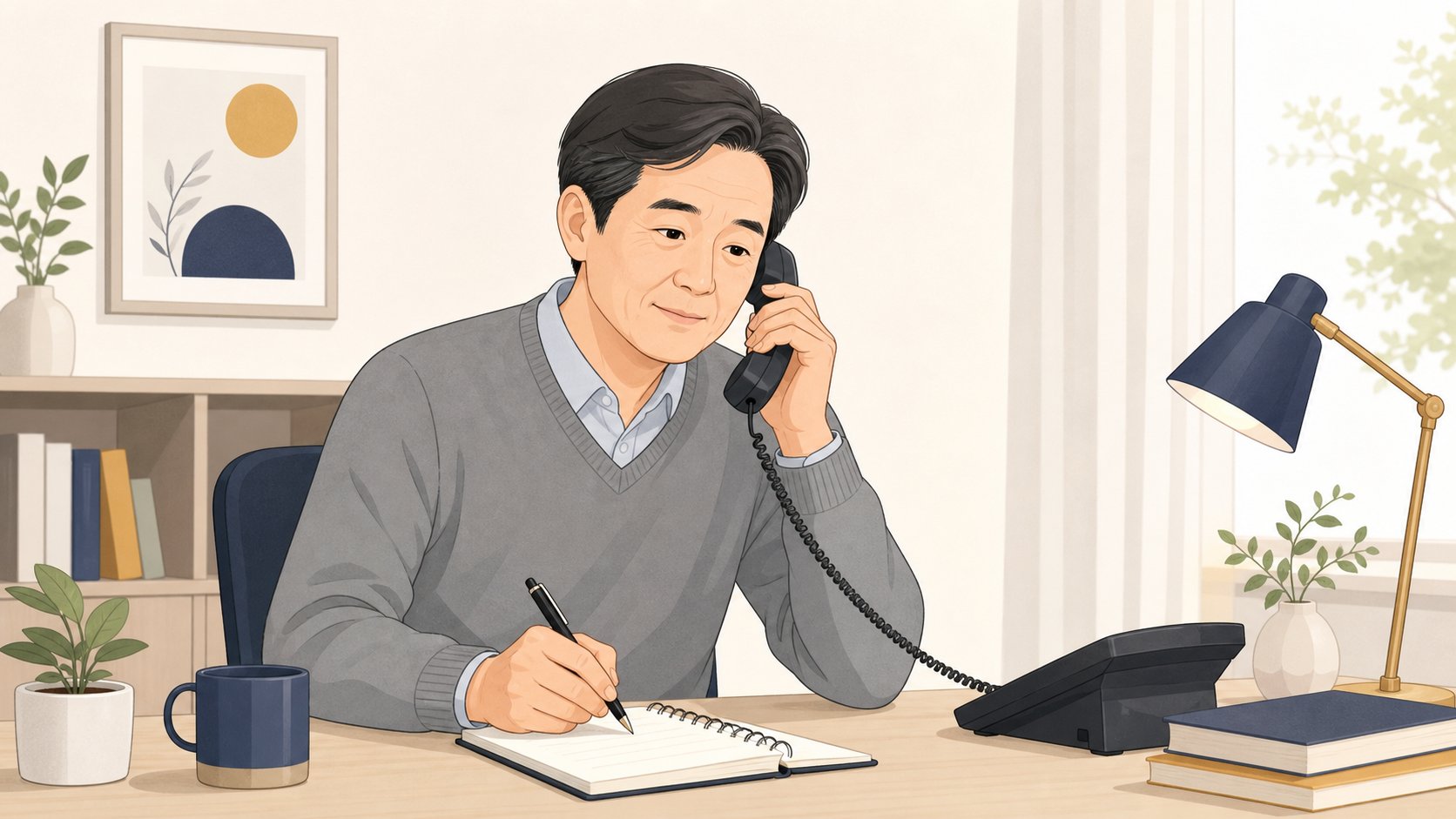 국민건강보험공단에 전화로 정산 내역을 문의하며 메모하는 장면
