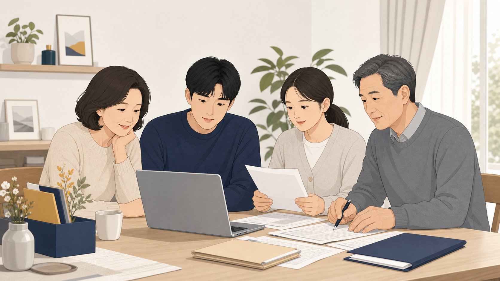 노트북으로 충청도 장례식장 정보를 확인하며 행정 절차를 정리하는 가족