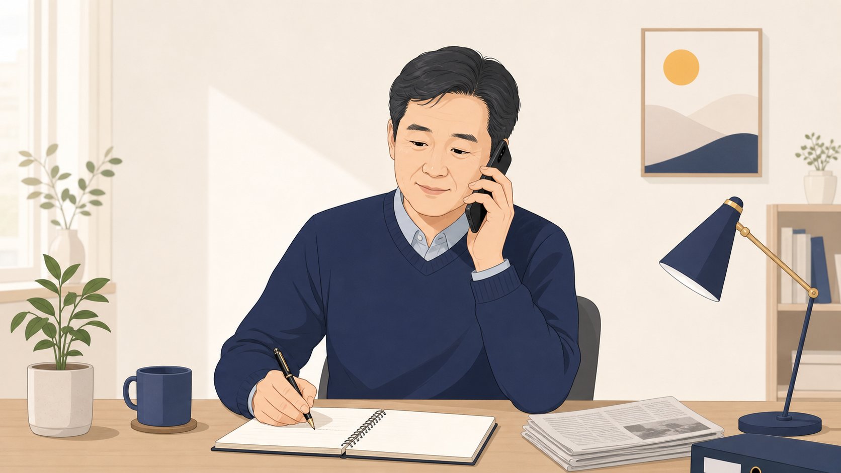 신문사 광고 접수처에 전화로 부고 게재를 문의하며 메모하는 장면