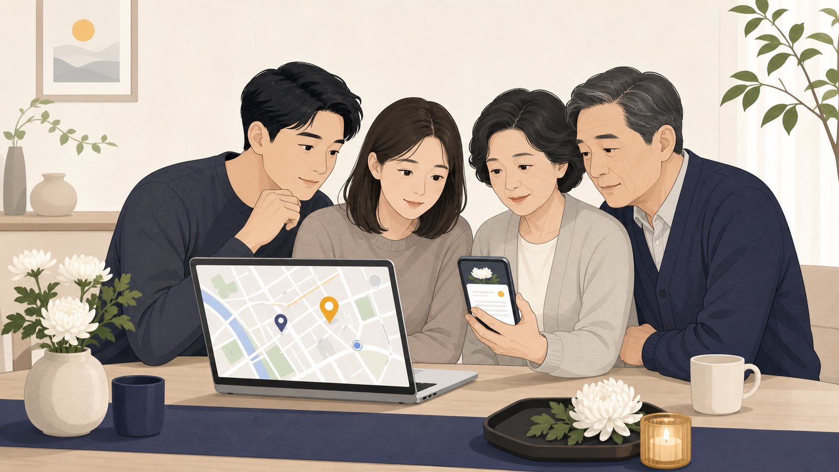 노트북과 휴대폰으로 충청도 빈소 위치와 모바일 부고장을 확인하는 가족