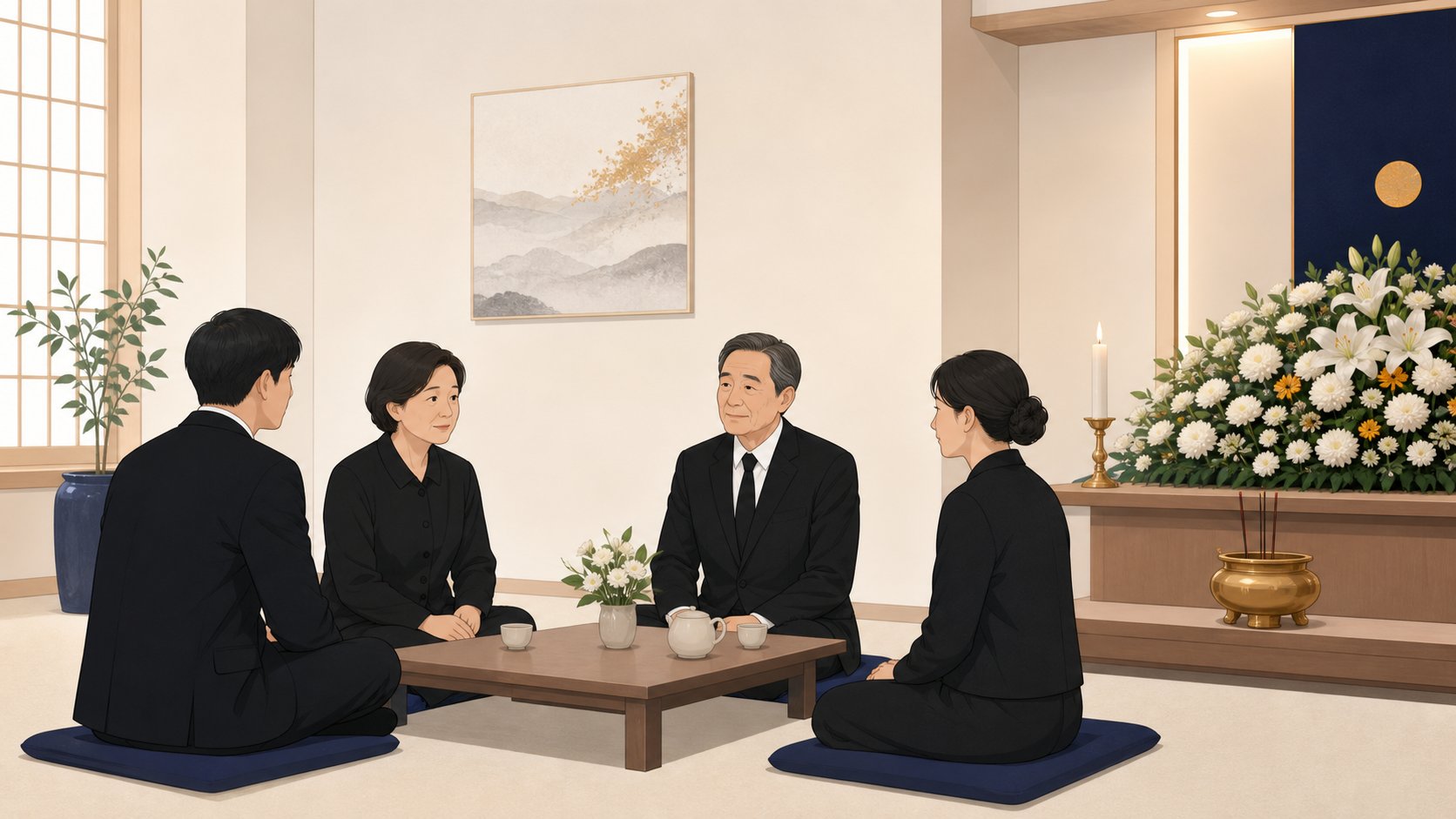 빈소 접객실에서 조문객들이 목소리를 낮추고 차분하게 앉아 있는 장면