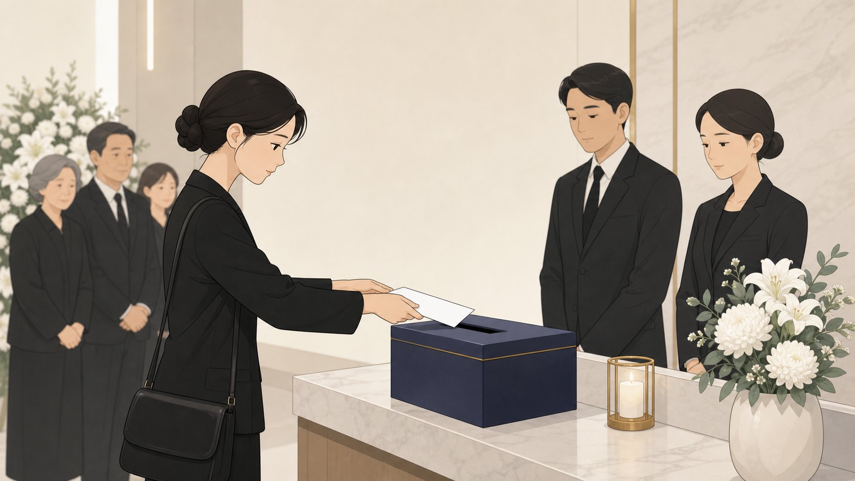 조문객이 흰 봉투를 두 손으로 조용히 부의함에 전하는 단정한 장면