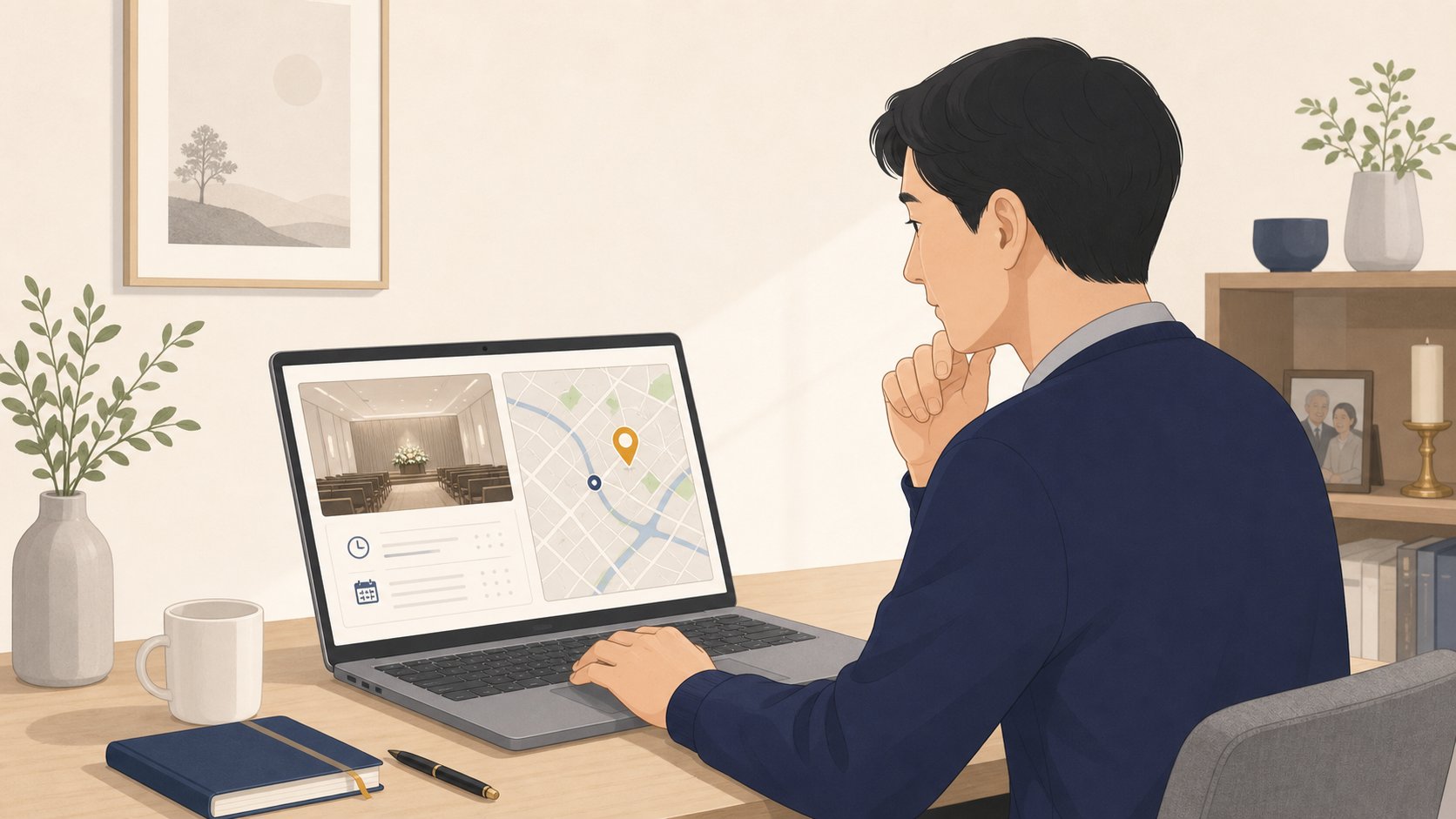 노트북으로 충청도 장례식장 빈소 위치와 조문 시간을 확인하는 장면