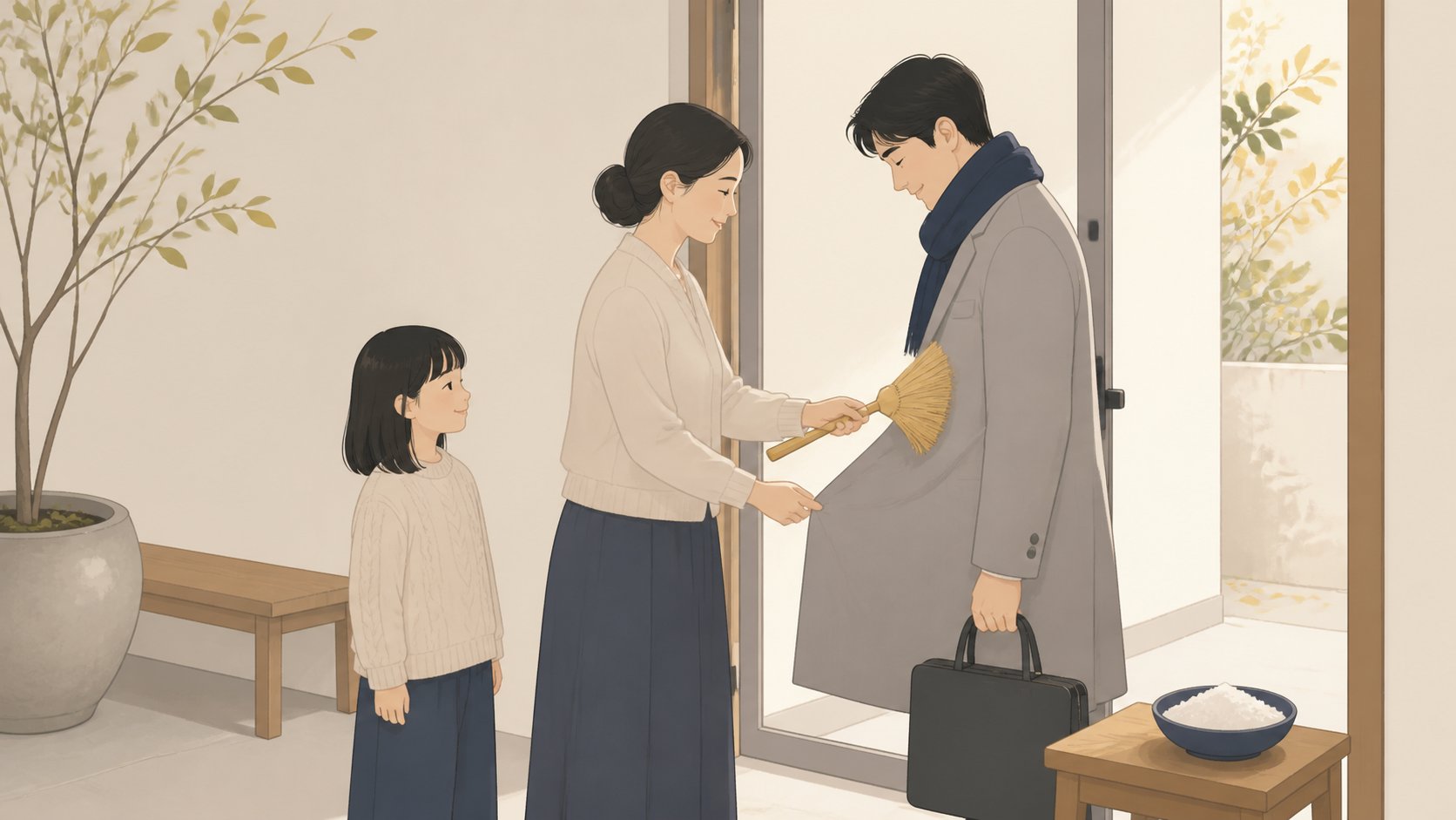 현관 앞에 작은 소금 그릇이 놓여 있고 겉옷을 가볍게 터는 손