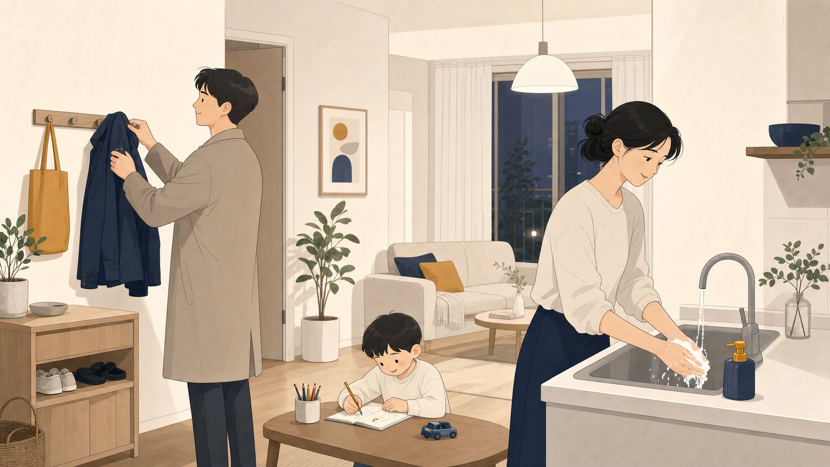 집에 돌아와 겉옷을 정리하고 손을 씻으며 하루를 마무리하는 차분한 일상 장면