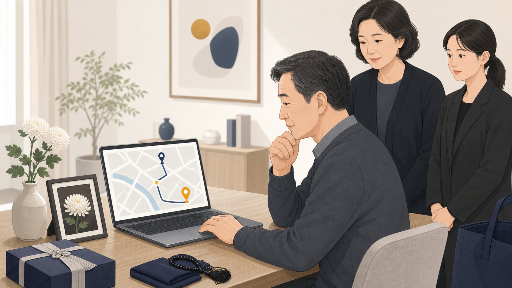 노트북으로 충청도 장례식장 빈소 위치를 확인하며 조문을 준비하는 장면