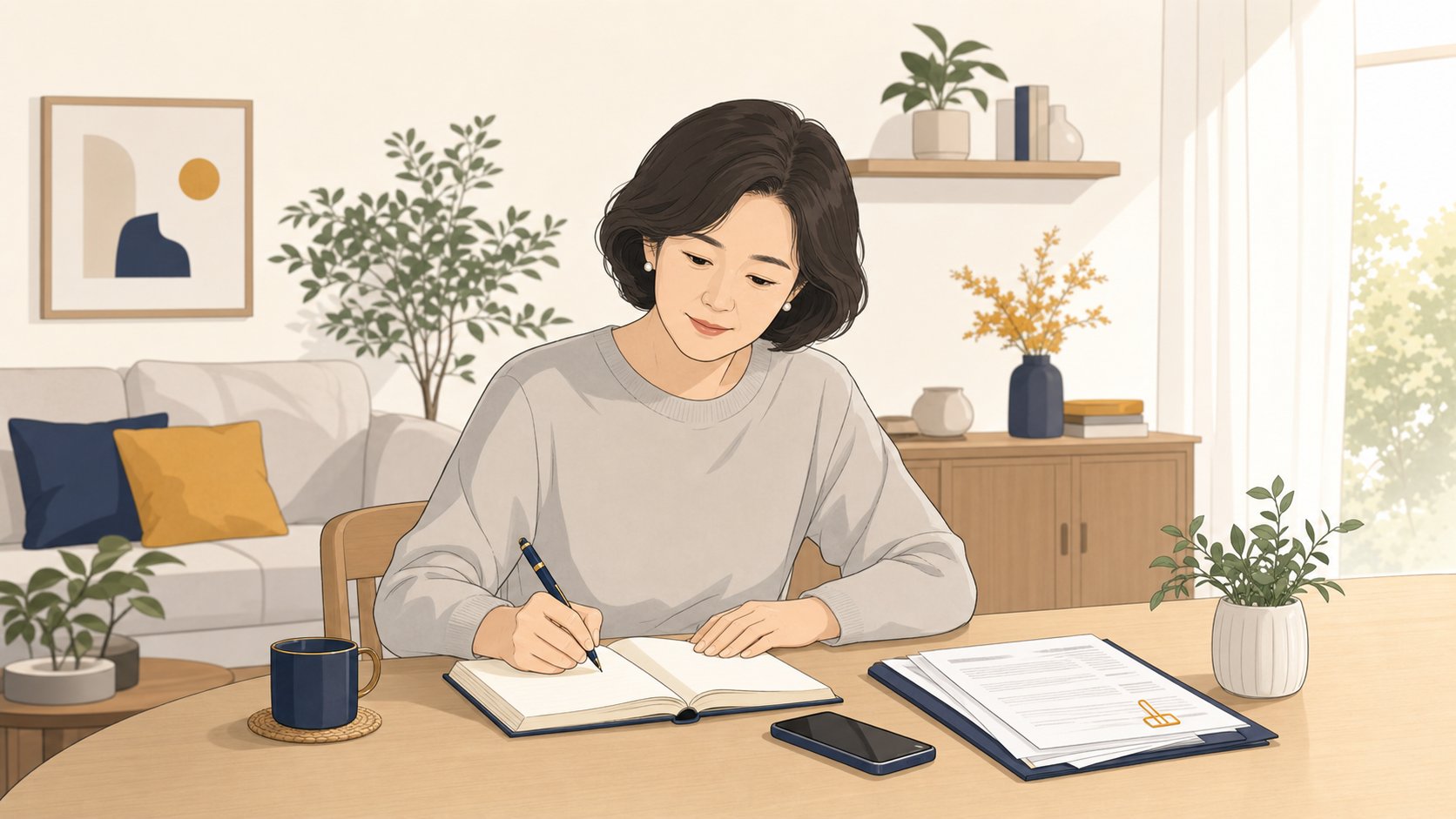 거실 테이블에서 장례 준비 항목을 노트에 정리하는 중년 여성 일러스트