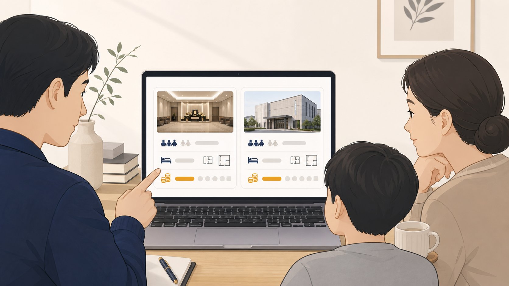 노트북 화면에서 장례식장 두 곳의 정보를 비교하는 손 일러스트