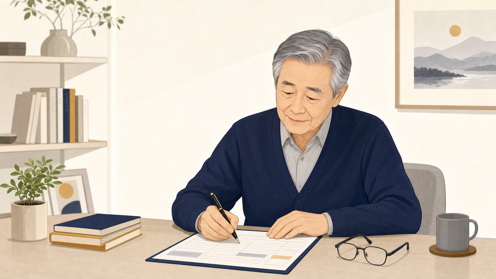 책상에서 항목별 문서에 펜으로 내용을 적는 노년 남성 일러스트