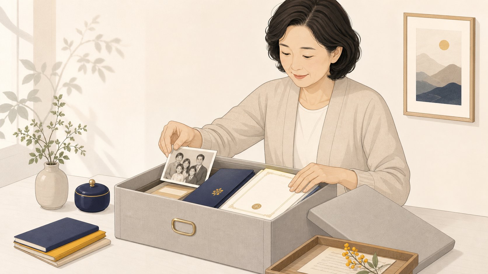 서류와 사진, 증서를 보관 상자에 정리하는 중년 여성의 손 일러스트
