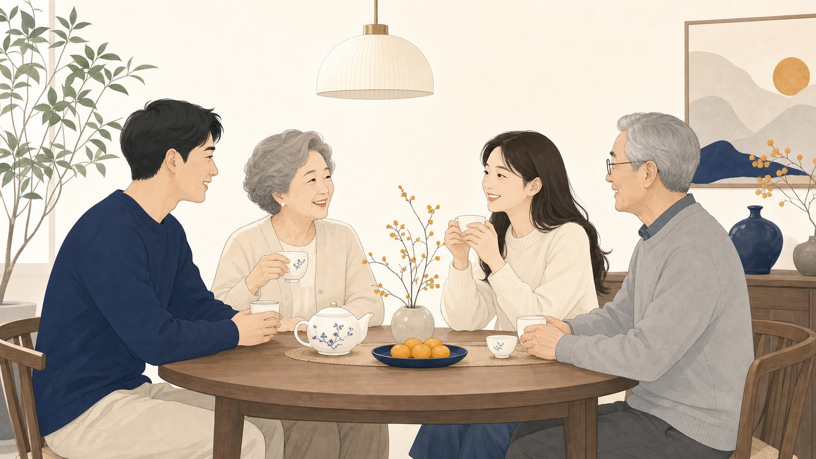 식탁에 둘러앉아 편안하게 대화하는 노년 부모와 성인 자녀 일러스트