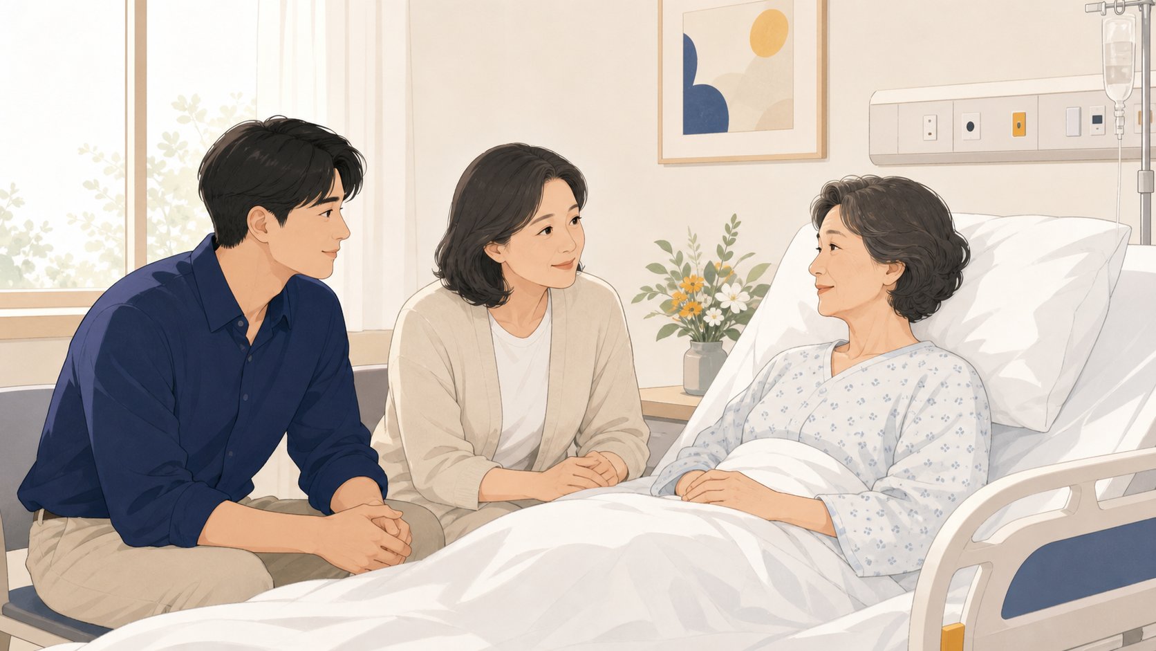 병상 곁에 둘러앉아 조용히 이야기하는 가족 세 명 일러스트