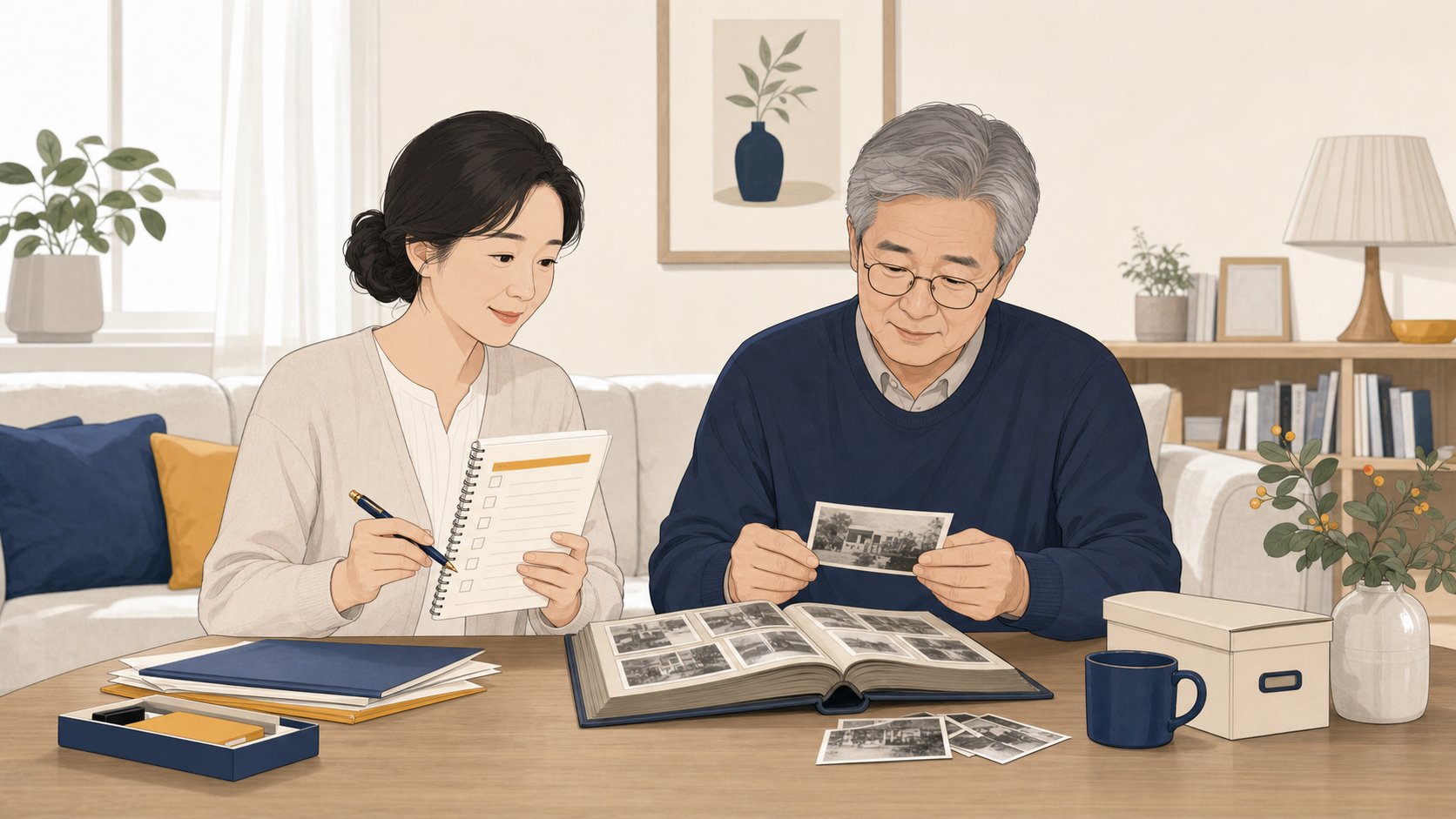 거실에서 서류와 사진을 함께 정리하며 준비 목록을 점검하는 가족 일러스트