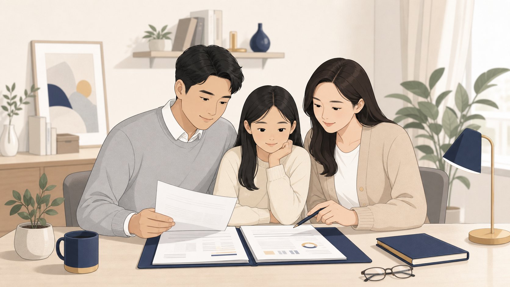 책상 위 서류 폴더의 공식 문서를 차분히 확인하는 손 일러스트