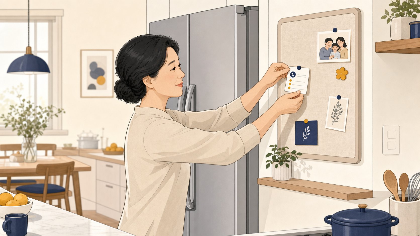 냉장고 옆 메모판에 비상 연락처 카드를 붙이는 중년 여성 일러스트