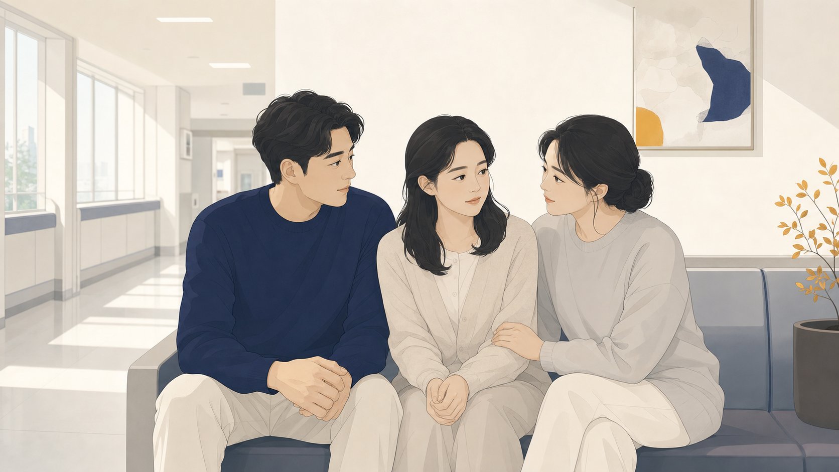 병원 복도 의자에 앉아 조용히 상의하는 성인 형제자매 일러스트