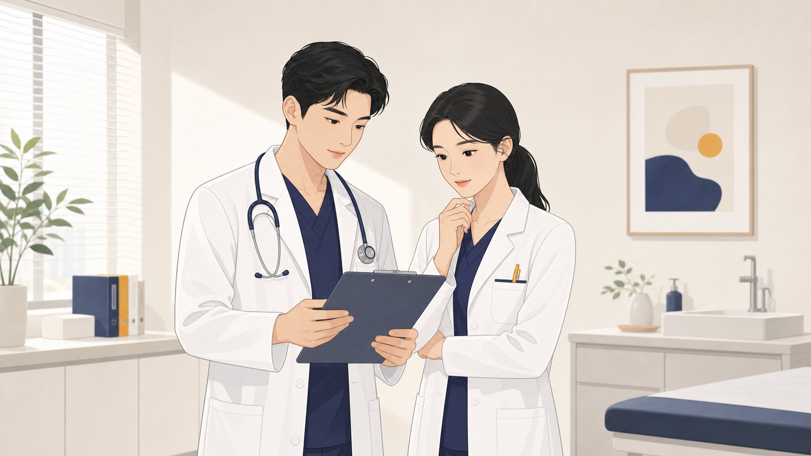 진료실에서 차트를 함께 확인하며 상의하는 두 명의 의사 일러스트