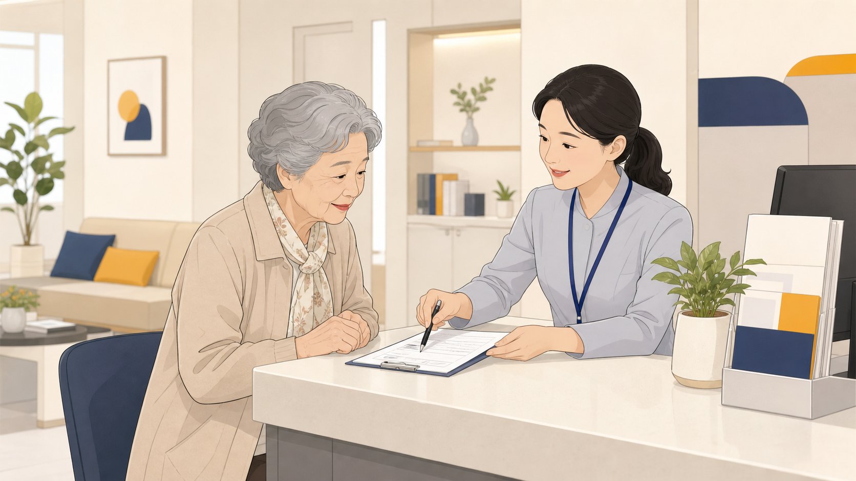 보건소 창구에서 안내를 받으며 서류를 확인하는 노년 여성 일러스트