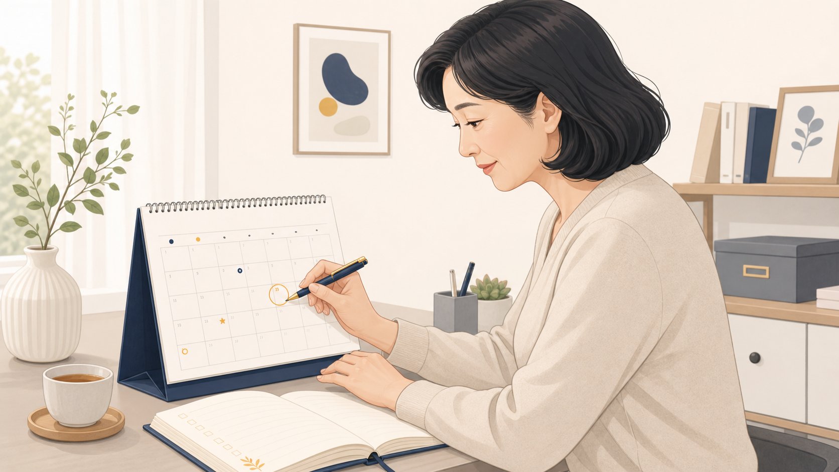 책상 달력에 일정을 표시하며 계획을 세우는 손 일러스트