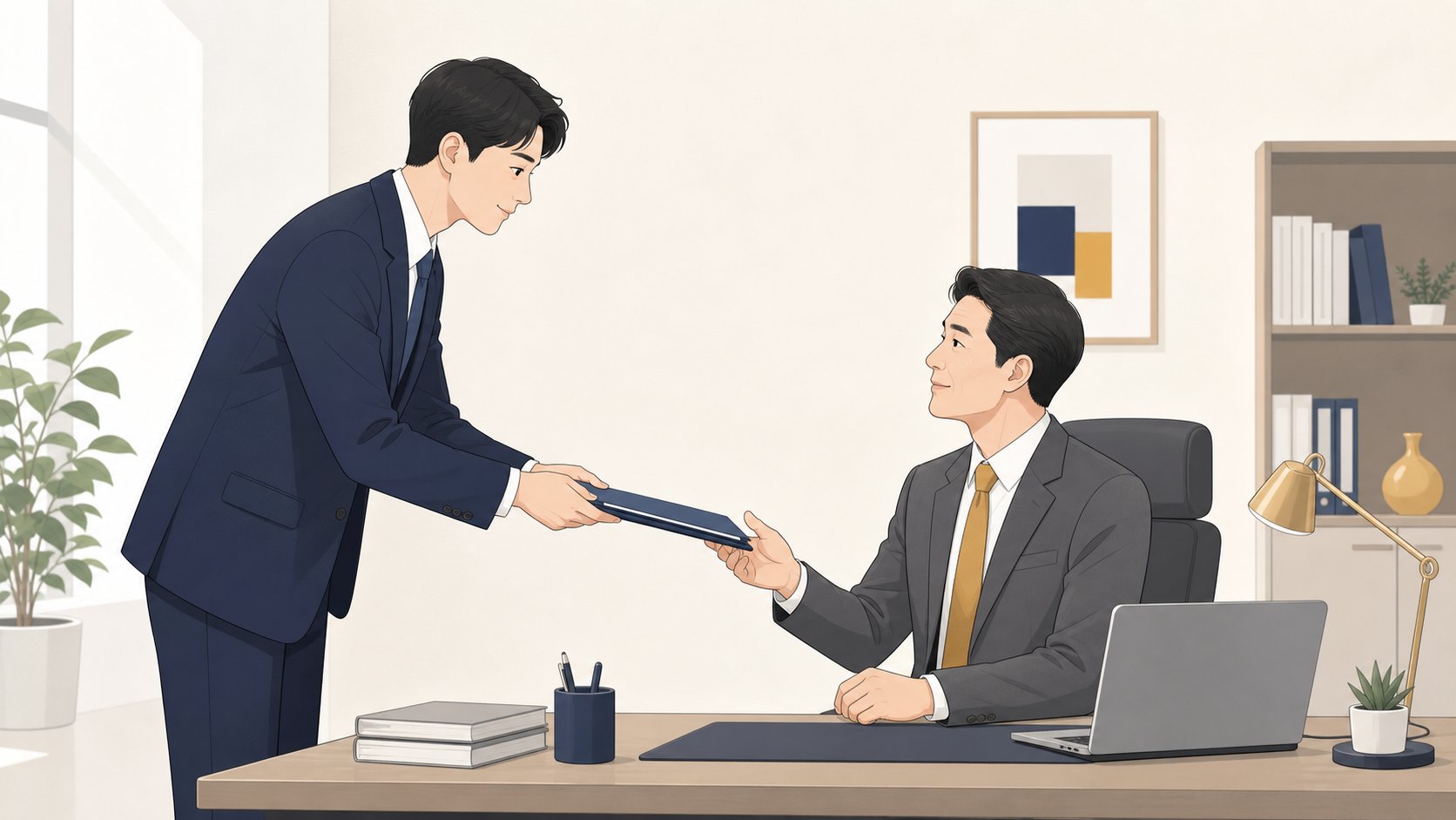 사무실에서 상사에게 서류 폴더를 전달하는 직장인 일러스트