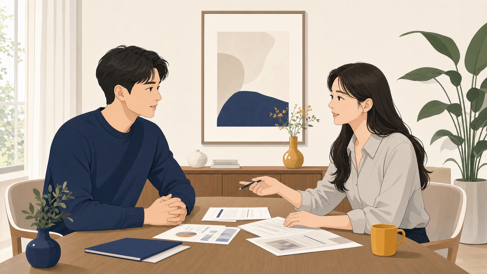테이블에 서류를 두고 차분하게 대화하는 성인 형제자매 일러스트