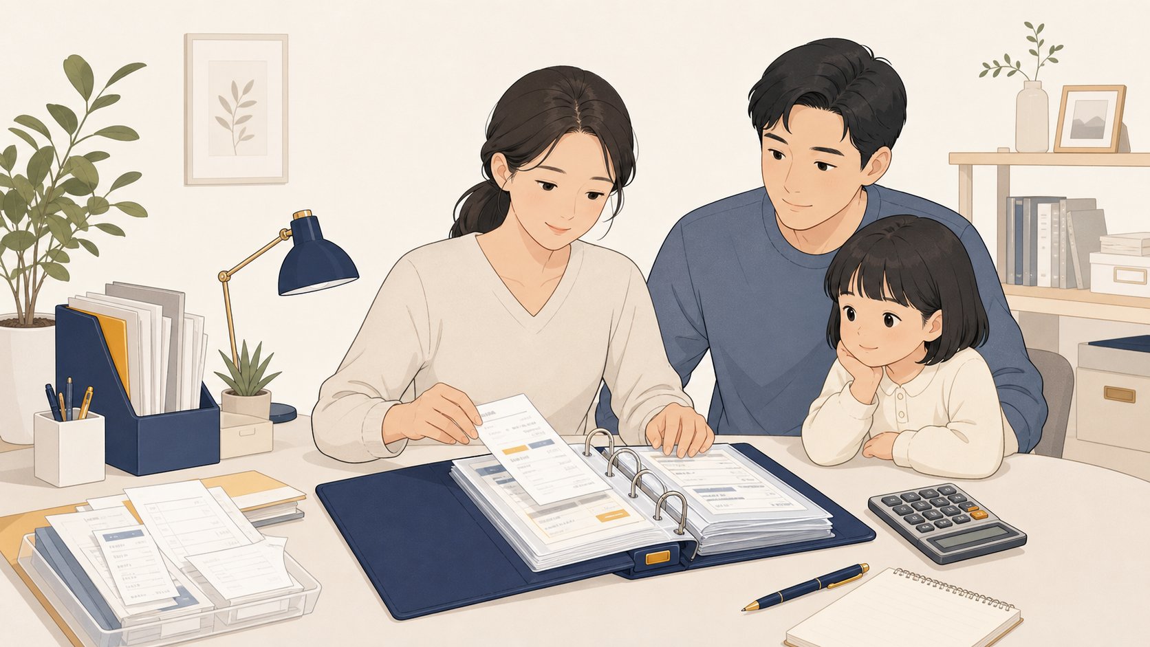 병원비 영수증을 바인더에 차곡차곡 정리하는 손 일러스트
