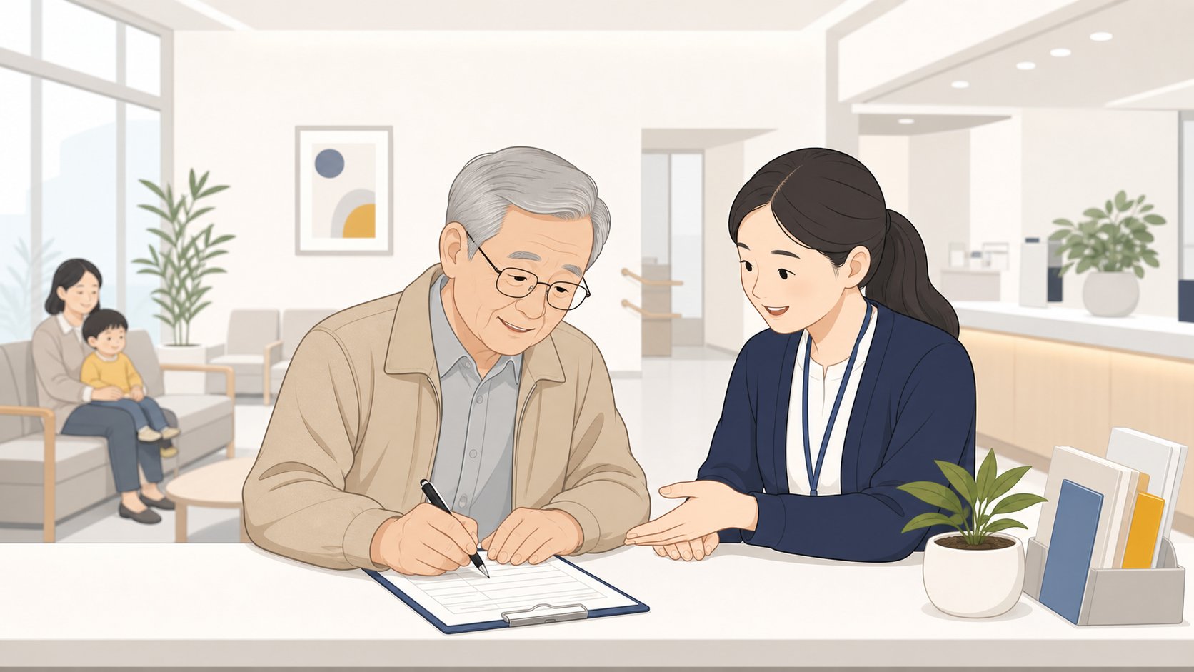 보건소 창구에서 안내를 받으며 서류를 작성하는 노년 남성 일러스트
