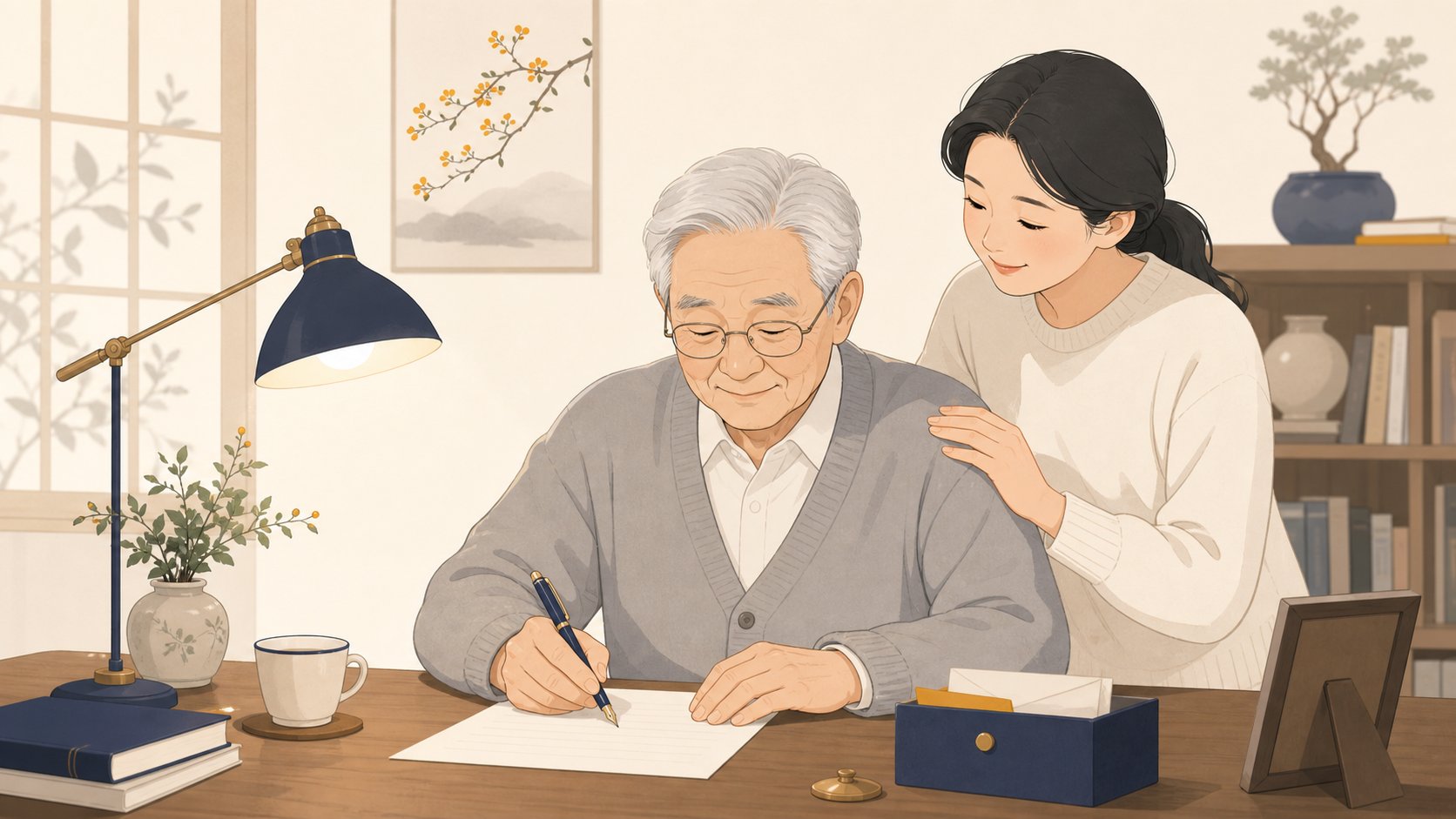 책상에서 편지를 쓰는 노년 남성과 곁에서 미소 짓는 가족 일러스트