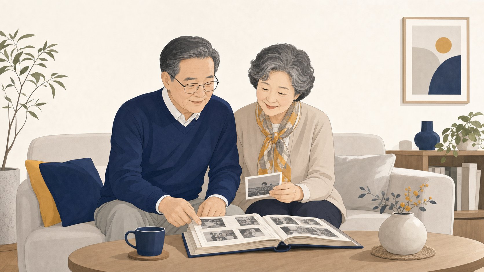 소파에서 앨범을 보며 사진을 고르는 노년 부부 일러스트