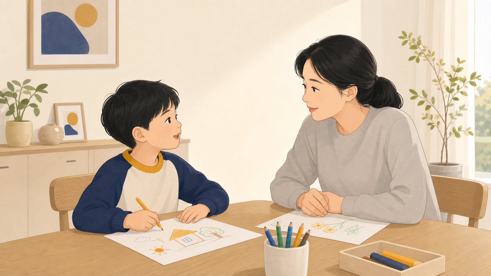 초등학생 아이가 식탁에서 부모와 마주 앉아 이야기를 나누며 그림을 그리는 차분한 장면