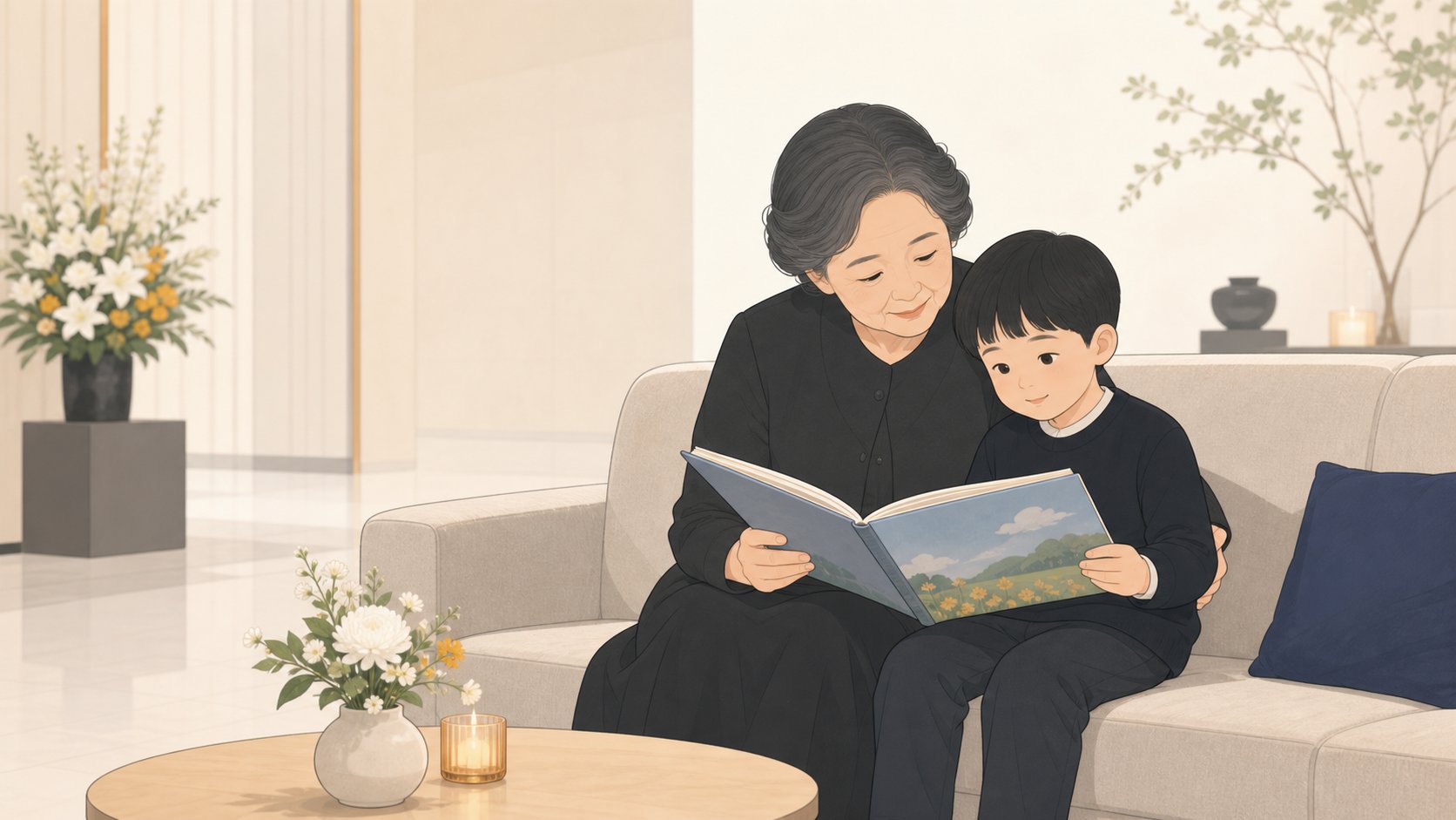 빈소 밖 조용한 휴게 공간에서 나이 든 친척이 어린아이와 나란히 앉아 그림책을 보며 돌보는 장면
