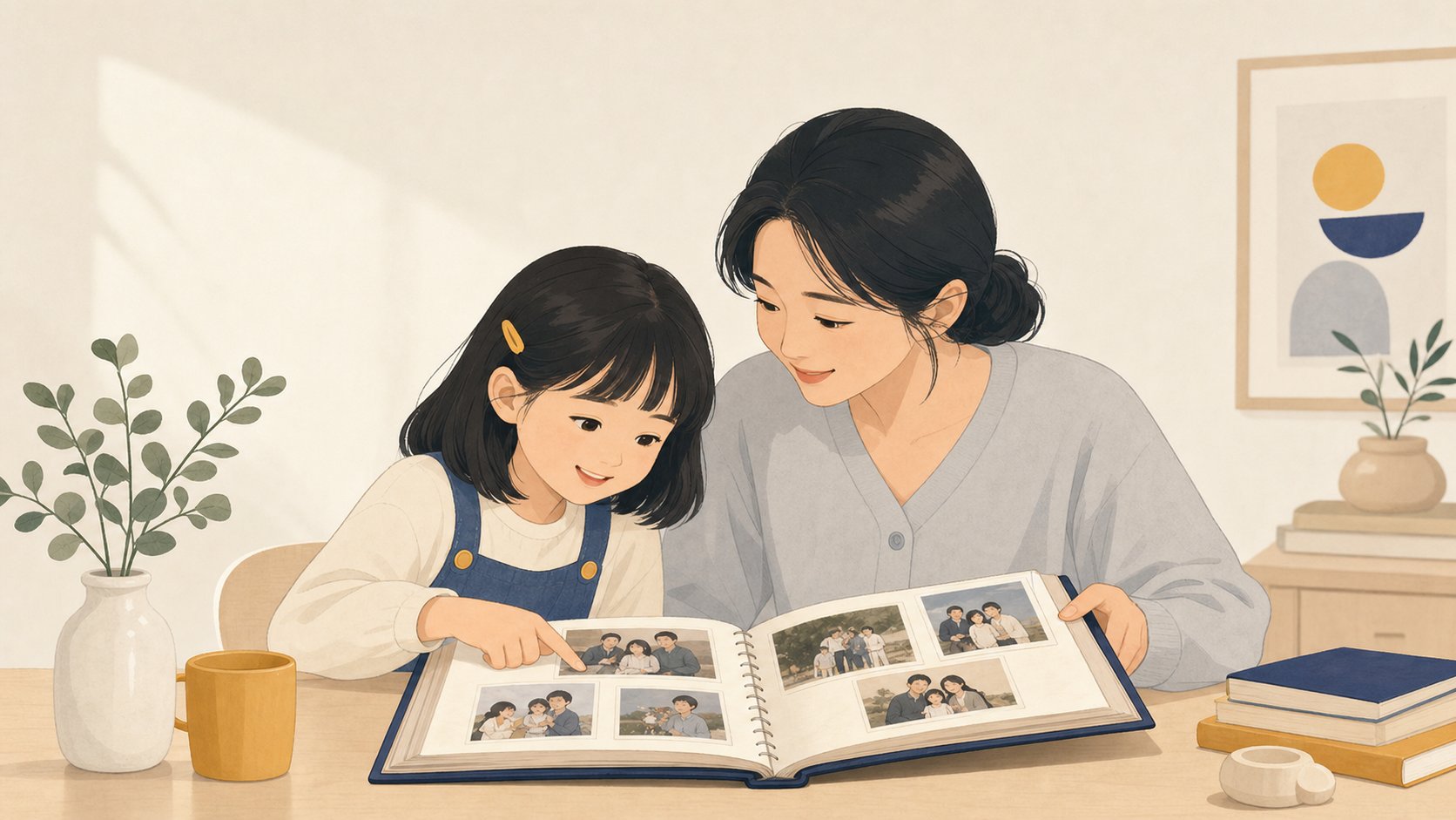 부모와 아이가 함께 고인의 사진첩을 펼쳐 보며 좋았던 기억을 이야기하는 따뜻한 장면