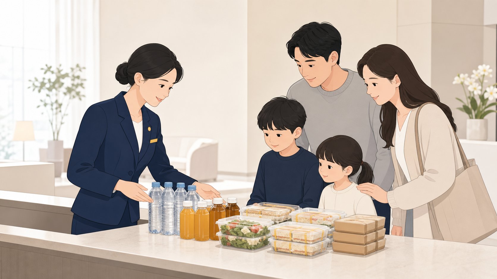 접객실 조리대에서 직원과 가족이 남은 음료와 포장 식품 수량을 함께 확인하는 장면