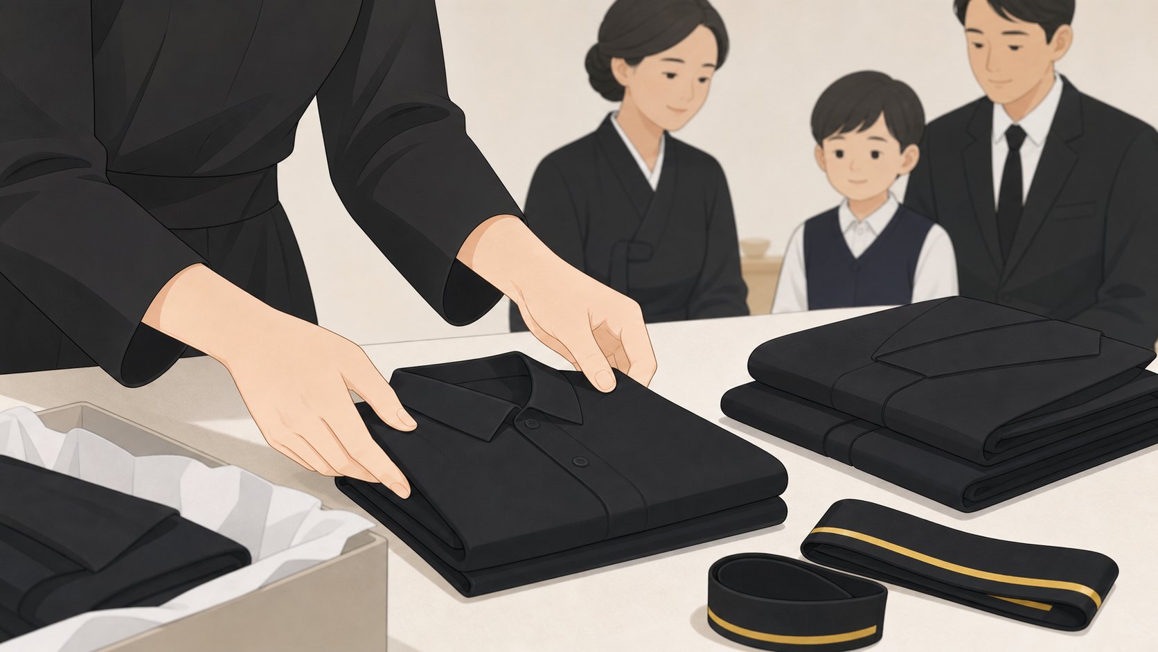 상복과 완장 같은 대여 물품을 개수에 맞춰 가지런히 접어 반납 준비하는 손 위주의 차분한 장면