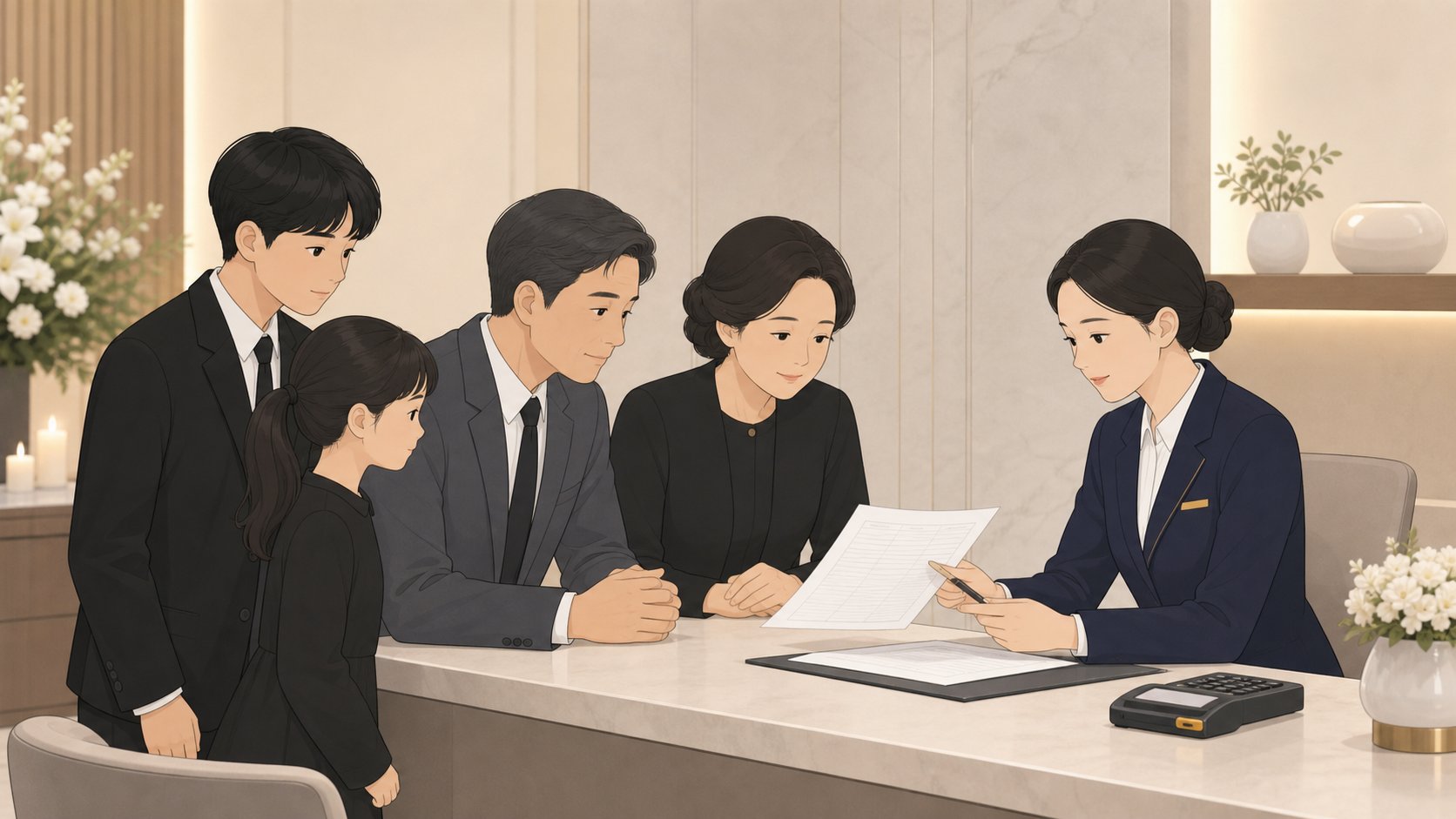 빈소 안내데스크에서 가족이 직원과 함께 최종 정산 내역서를 항목별로 짚어 가며 확인하는 장면