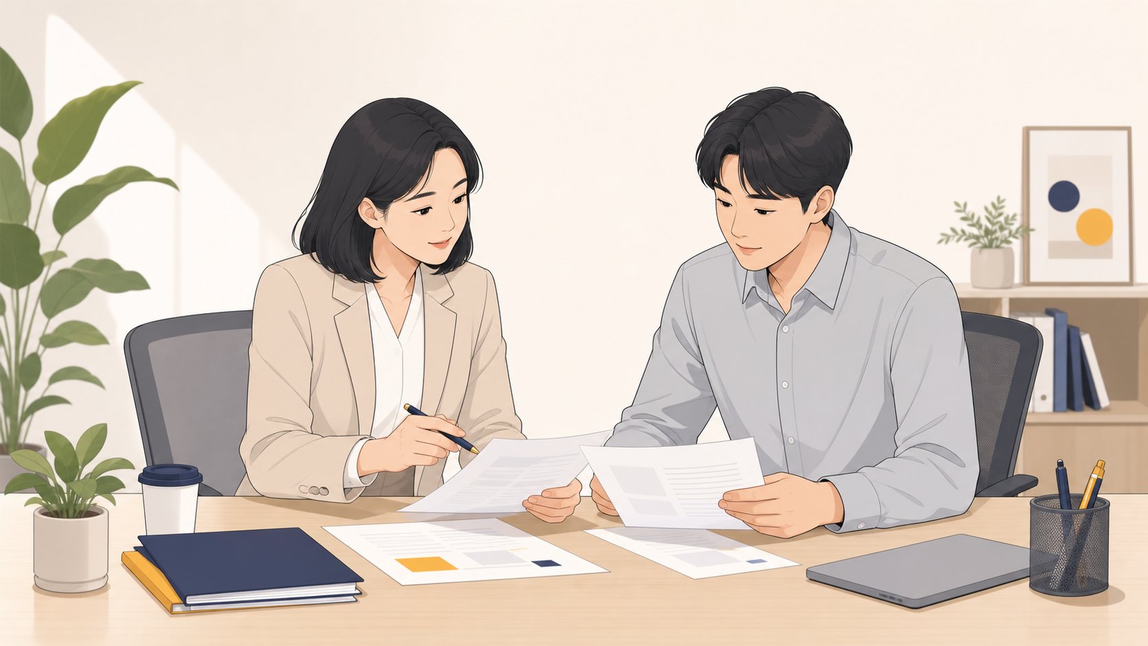 인사 담당자와 직원이 책상에서 경조 휴가 규정 서류를 함께 보며 이야기하는 차분한 장면